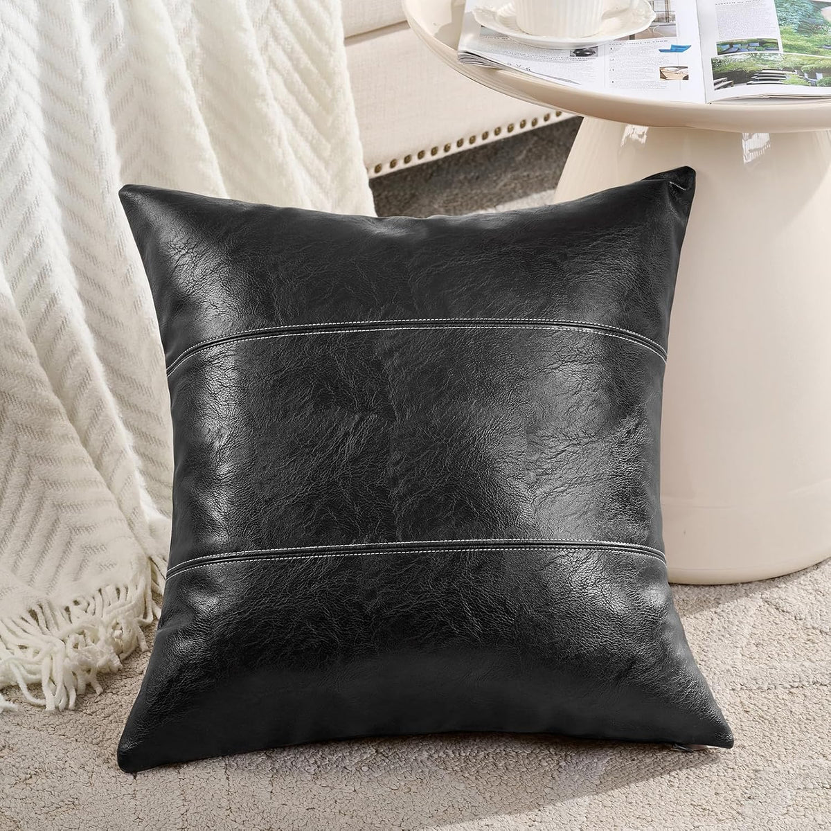 Fancy Homi Black Boho Faux Leather Decorative Throw Pillow Covers 16x16 Inch for Living Room Couch Bed Sofa, Rustic Modern Farmhouse Home…
