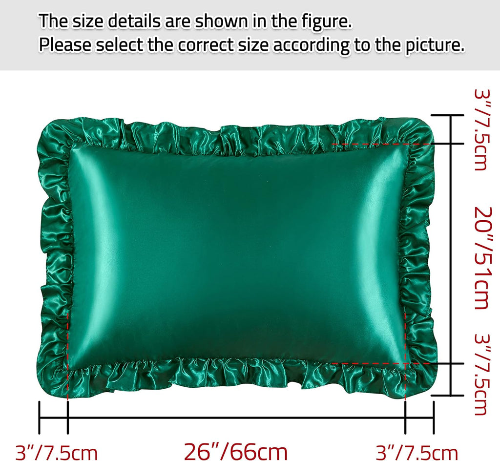 HommxJF Silky Satin Ruffled Pillow Cases for Hair and Skin, Blackish Green Silk Pillowcases Standard Set of 2 with Envelope Closure Princess…