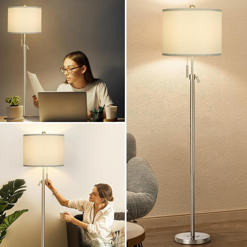 Brushed Nickel Floor Lamp for Living Room, Adjustable Height Standing Lamp with Metal Base, Tall Pole Light with Grey Shade for Bedroom…