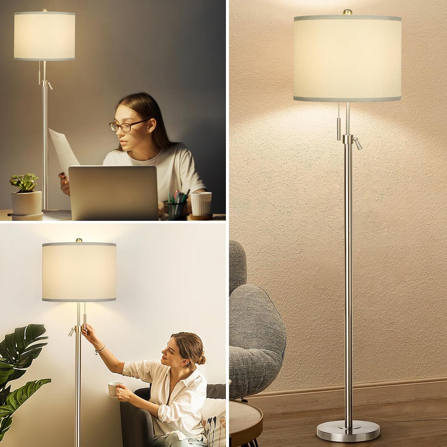 Brushed Nickel Floor Lamp for Living Room, Adjustable Height Standing Lamp with Metal Base, Tall Pole Light with Grey Shade for Bedroom…
