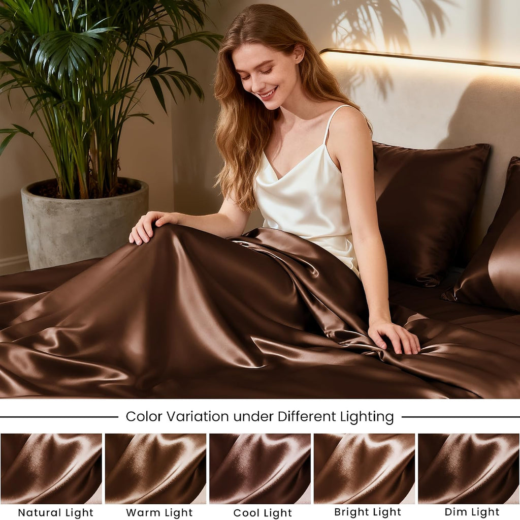 Lovescabin Love's cabin 4Piece California King Satin Bed Linen Set, Brown Silky Satin Sheets, Deep Pocket, Luxury Silk Feel, 1 Flat, 1 Fitt…