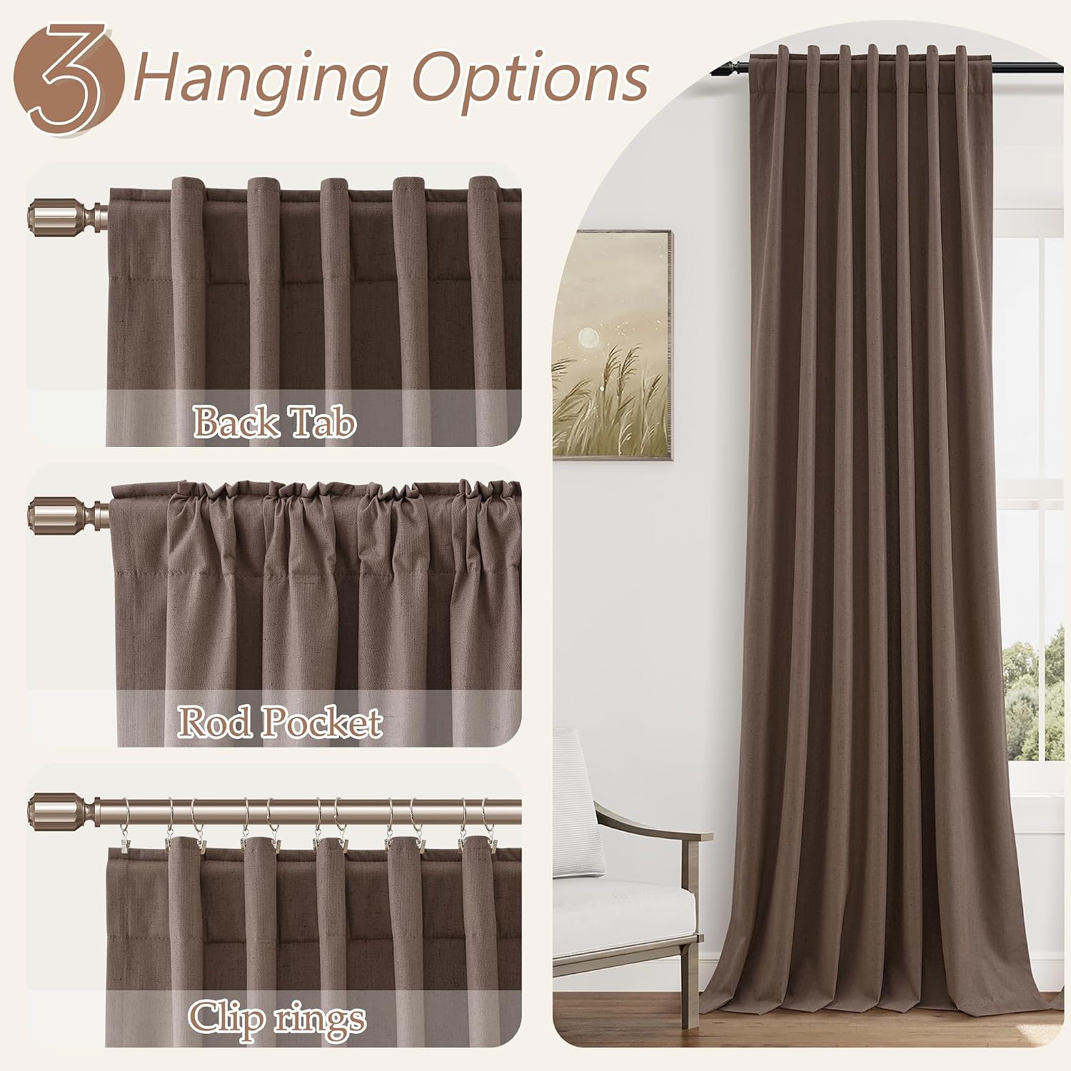Guken 100% Blackout Curtains 108 Inch Length 2 Panels Set for Living Room Bedroom Back Tab Thermal Insulated Black Out Linen Drapes Room Da…