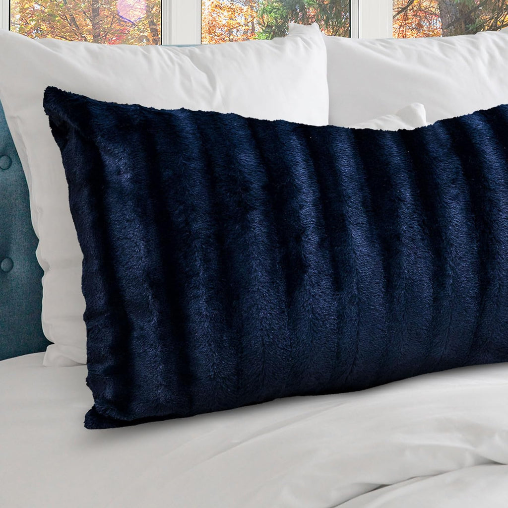 Cheer Collection Faux Fur Long Body Pillow - Accent Throw Pillow for Bed and Couch - Decorative Lumbar Pillow with Insert, Blue (18" x 40")