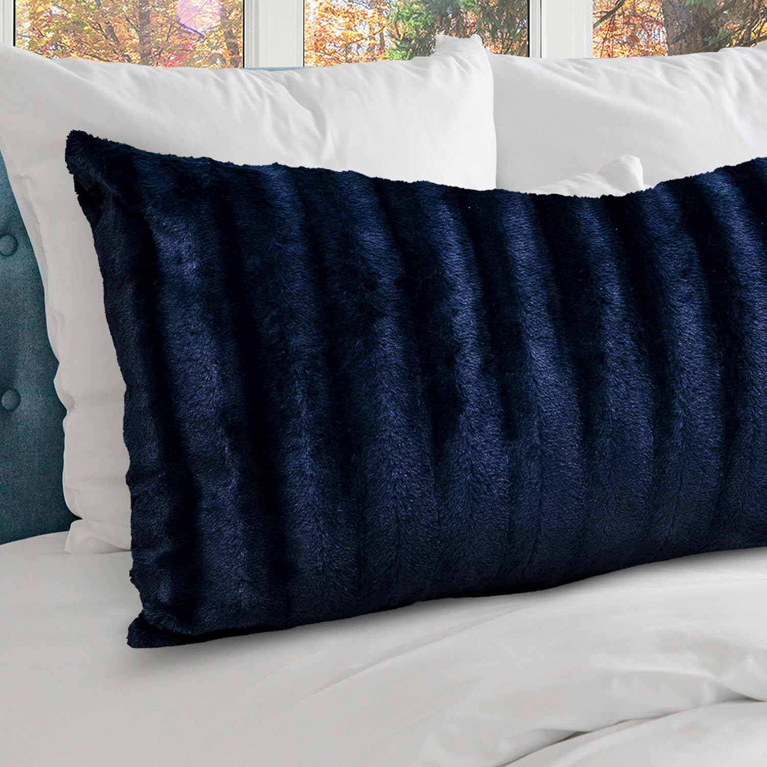 Cheer Collection Faux Fur Long Body Pillow - Accent Throw Pillow for Bed and Couch - Decorative Lumbar Pillow with Insert, Blue (18" x 40")
