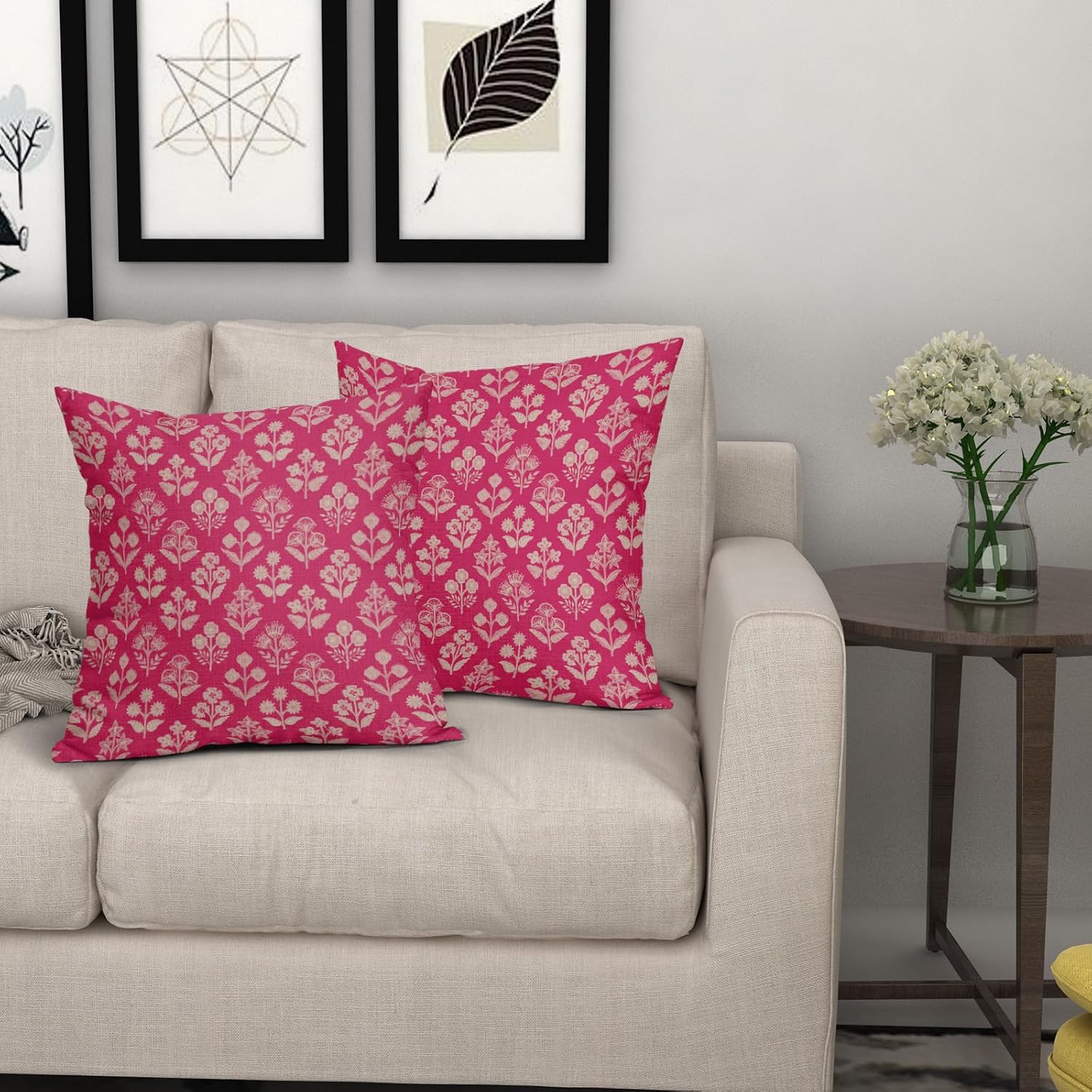 Hot Pink Floral Pillow Covers 24x24 Inch Set of 2, Vintage Flower Block Print Pattern Decorative Throw Pillowcases Outdoor Farmhouse…