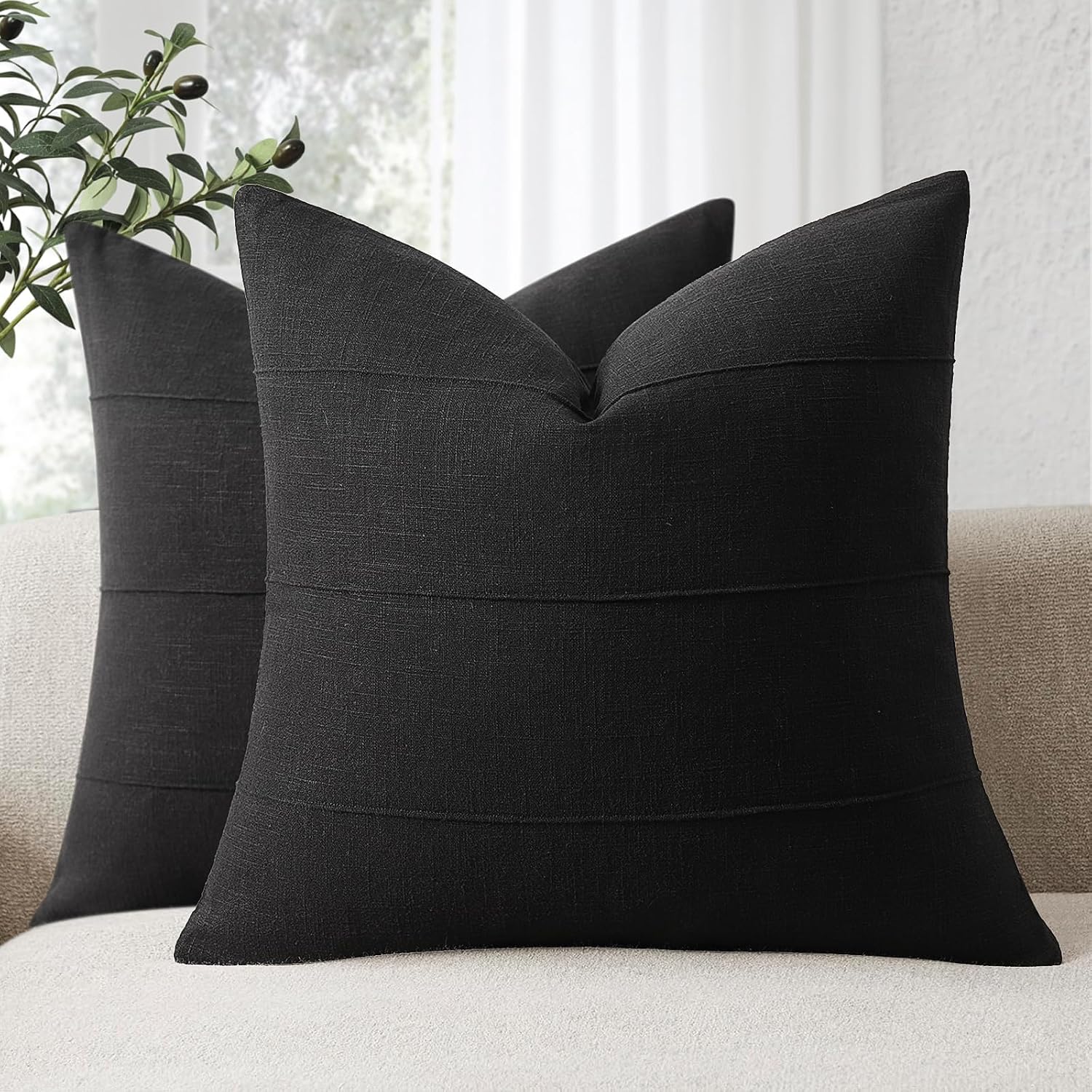 ZWJD Decorative Linen Throw Pillow Covers 26x26 Set of 2 Solid Handcrafted Striped Cushion Covers for Bed Soft Modern Farmhouse Neutral…
