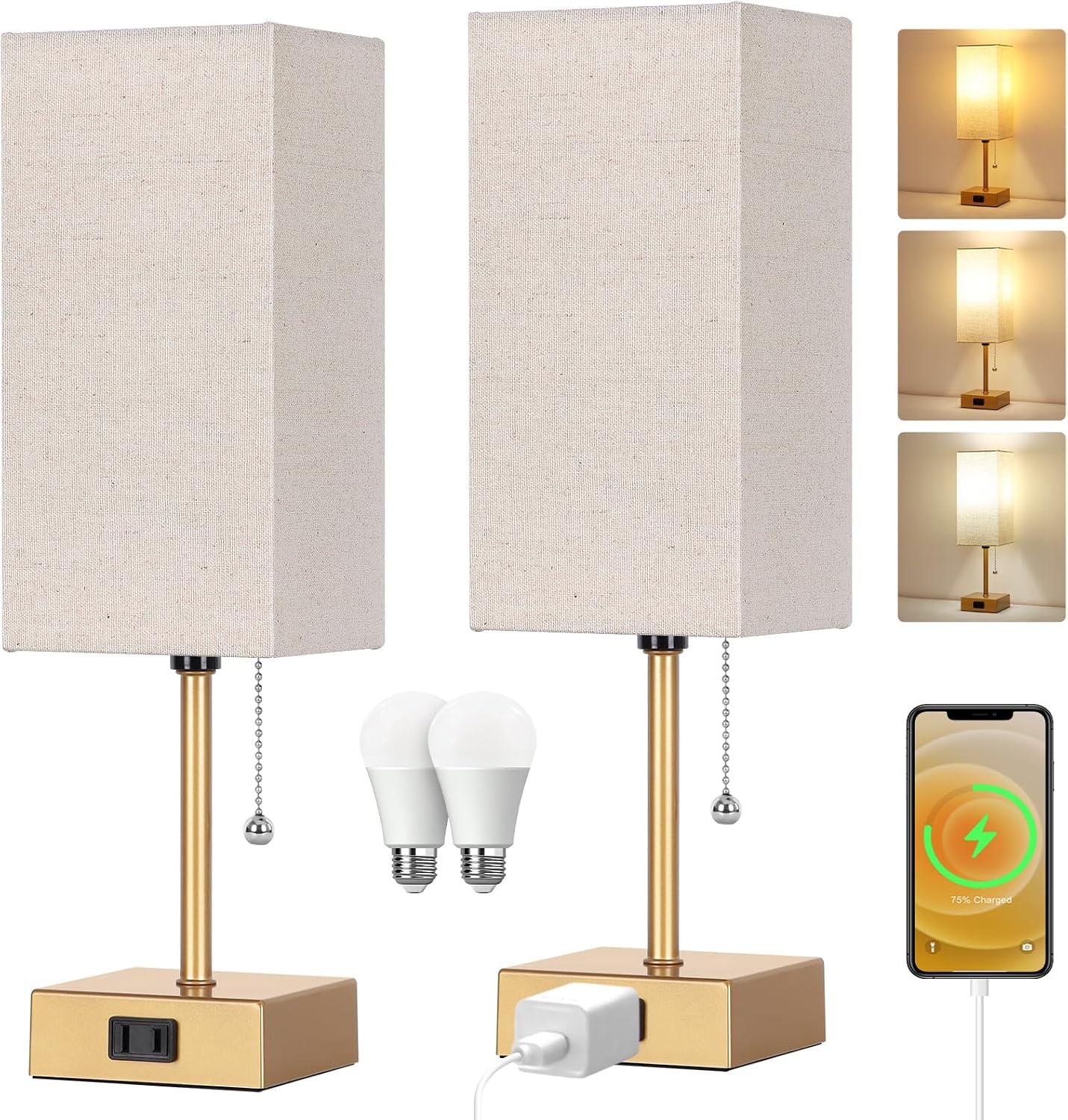 Table Lamp for Bedroom set of 2,3-Color Bedside Lamps with Pull Chain Table Lamps for Nightstand with AC Outlets, Small Night Light Lamps…