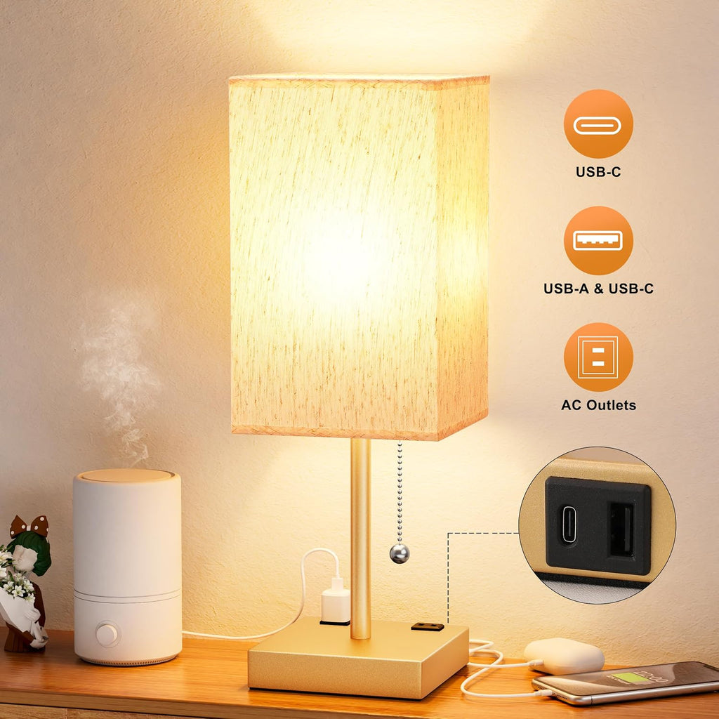 Aooshine Medium Table Lamp with USB Ports - 3 Color Temperature Bedside Lamp for Bedroom, Pull Chain Control, USB A and C Ports, 2 AC Outle…