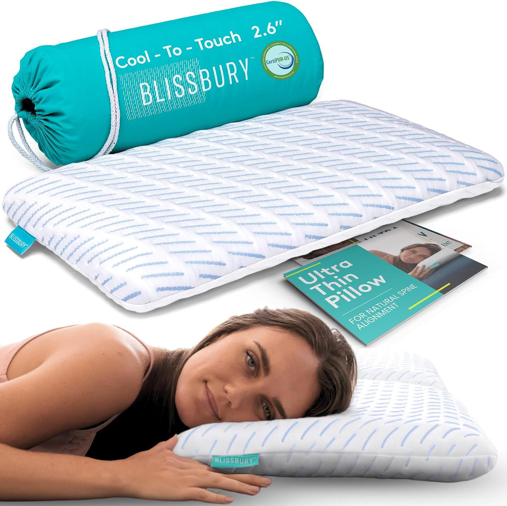 BLISSBURY Cooling Memory Foam Pillow, 2.6 Inch Thin, for Stomach & Back Sleeper, Queen Size, Removable Cool-Tech Cover, CertiPUR-US…