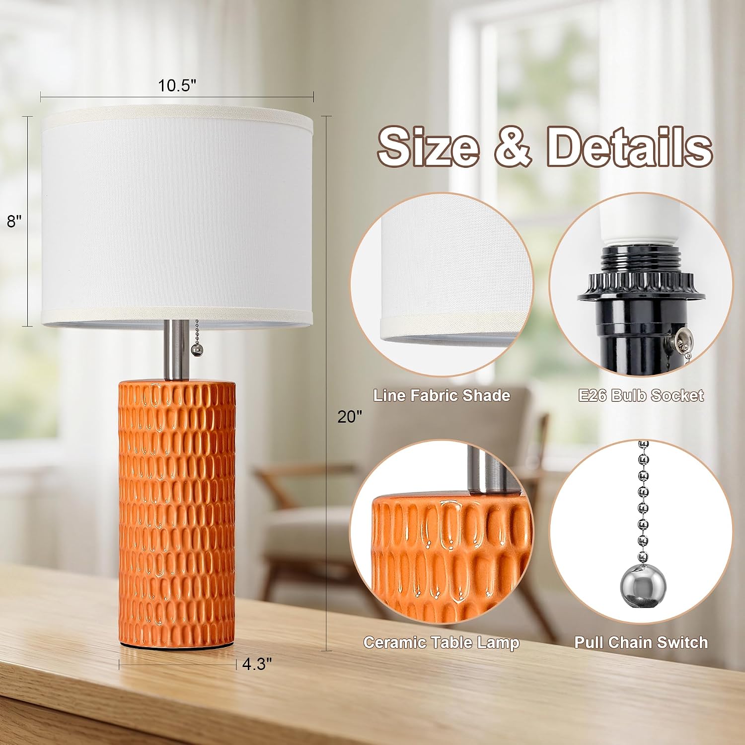 Reaketon Table Lamps for Living Room Set of 2, Ceramic Table Lamps for Bedroom, 20" Modern Lamps for Night Stands, Orange
