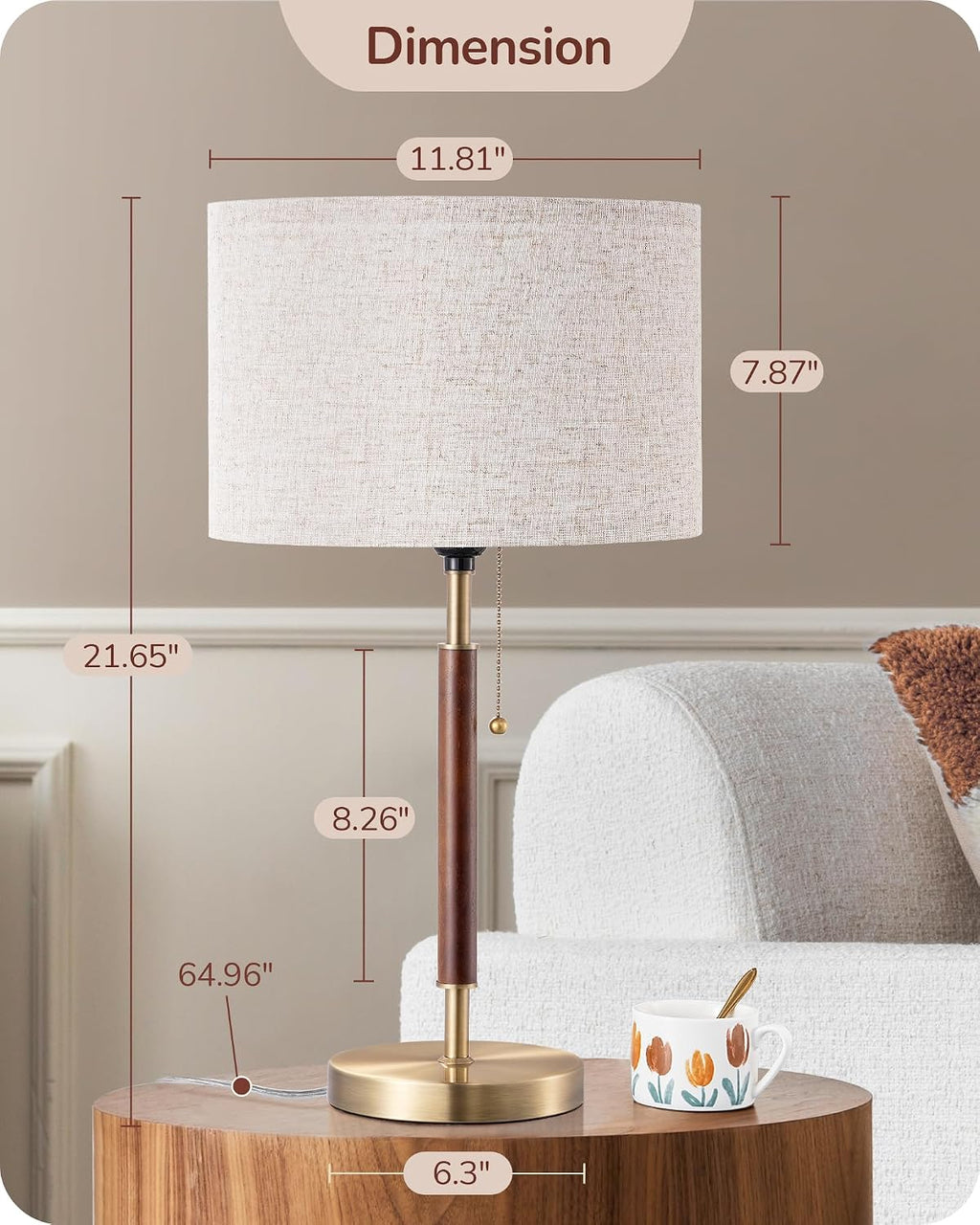 EDISHINE Mid Century Table Lamp Set of 2, Pull Chain Switch Bedside Lamp, Linen Shade, Solid Wood Pole & Bronze Brushed Metal Base…