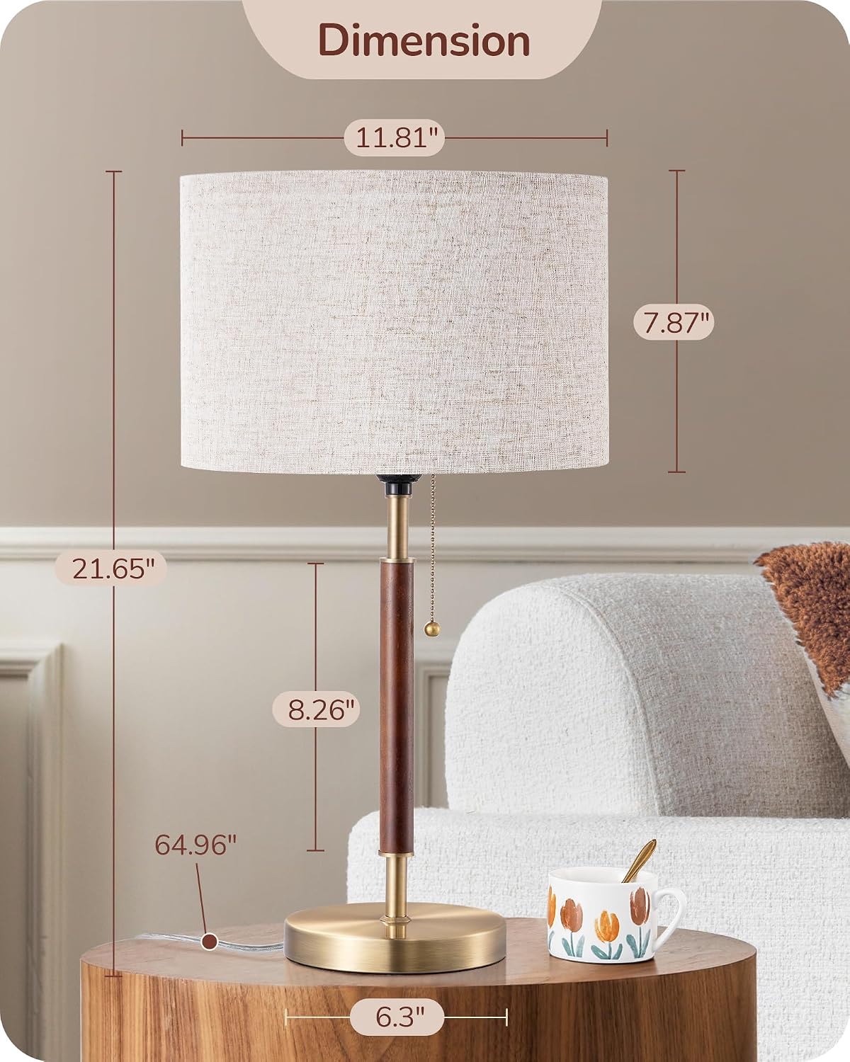 EDISHINE Mid Century Table Lamp Set of 2, Pull Chain Switch Bedside Lamp, Linen Shade, Solid Wood Pole & Bronze Brushed Metal Base…