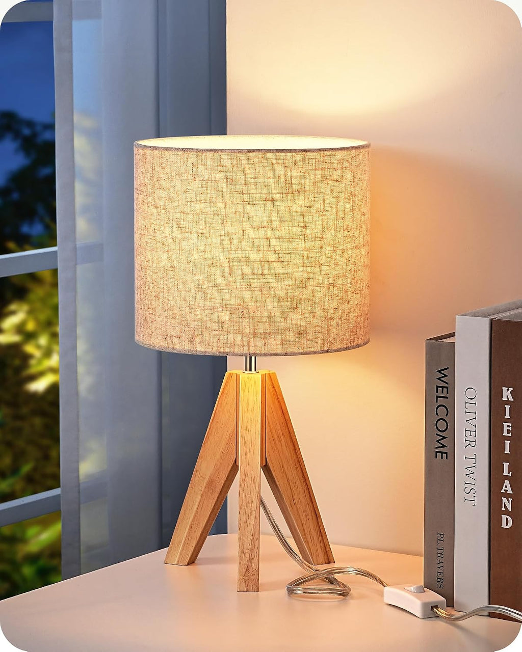 EDISHINE Small Table Lamp, Boho Bedside Lamp with Linen Fabric Shade, Wood Tripod Nightstand Lamp for Nursery, Living Room, Bedroom…