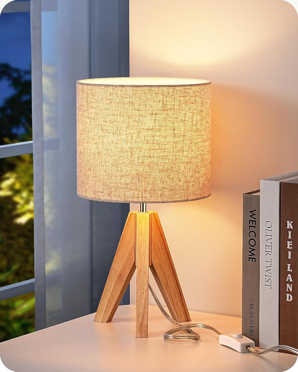 EDISHINE Small Table Lamp, Boho Bedside Lamp with Linen Fabric Shade, Wood Tripod Nightstand Lamp for Nursery, Living Room, Bedroom…