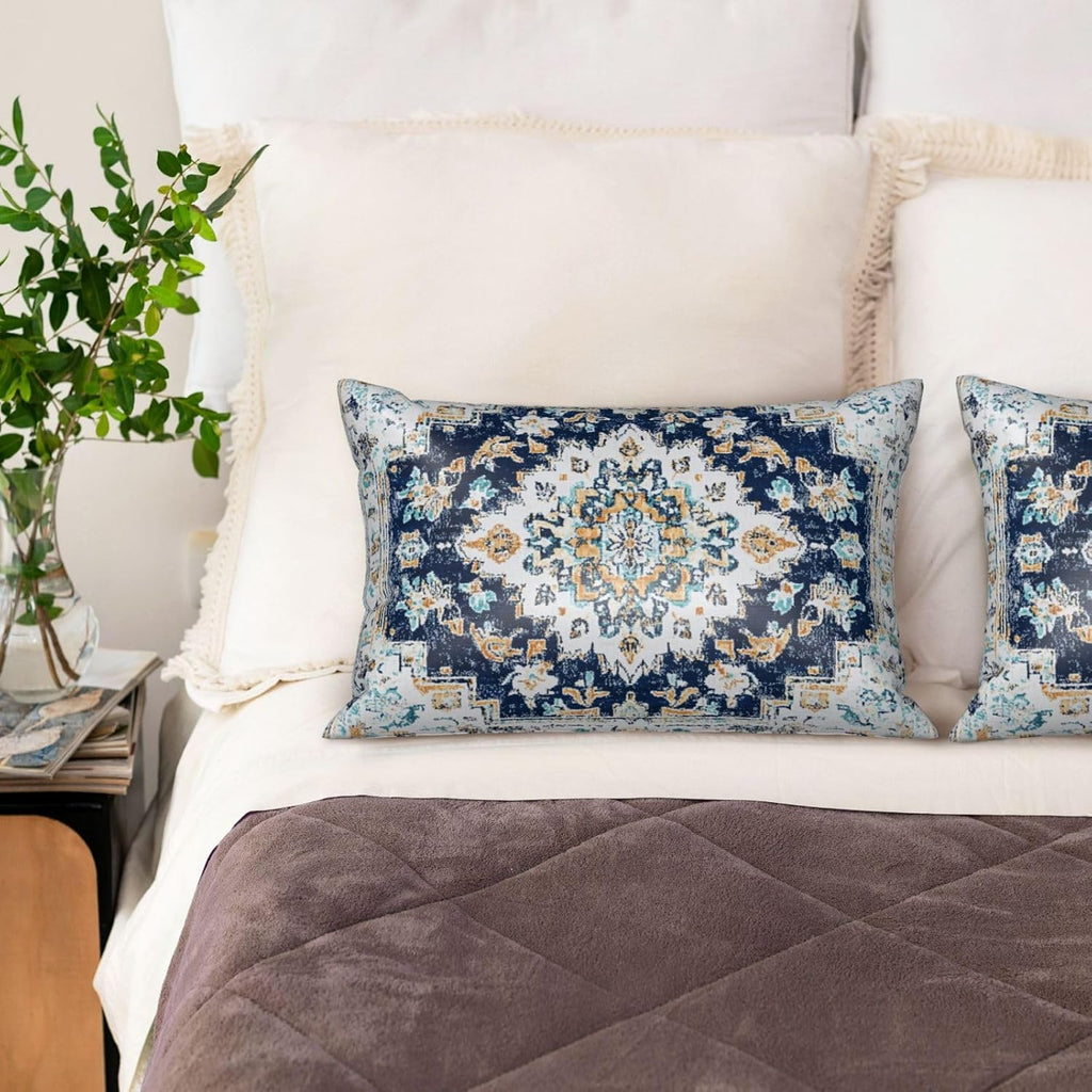 Imitation Silk Pillowcase for Hair and Skin Boho Dark Blue Ethnic Carpet 1 Pack Satin Queen Pillowcase with Hidden Zipper Cooling Pillow…