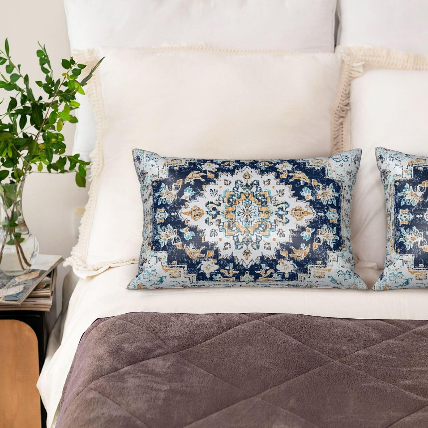 Imitation Silk Pillowcase for Hair and Skin Boho Dark Blue Ethnic Carpet 1 Pack Satin Queen Pillowcase with Hidden Zipper Cooling Pillow…
