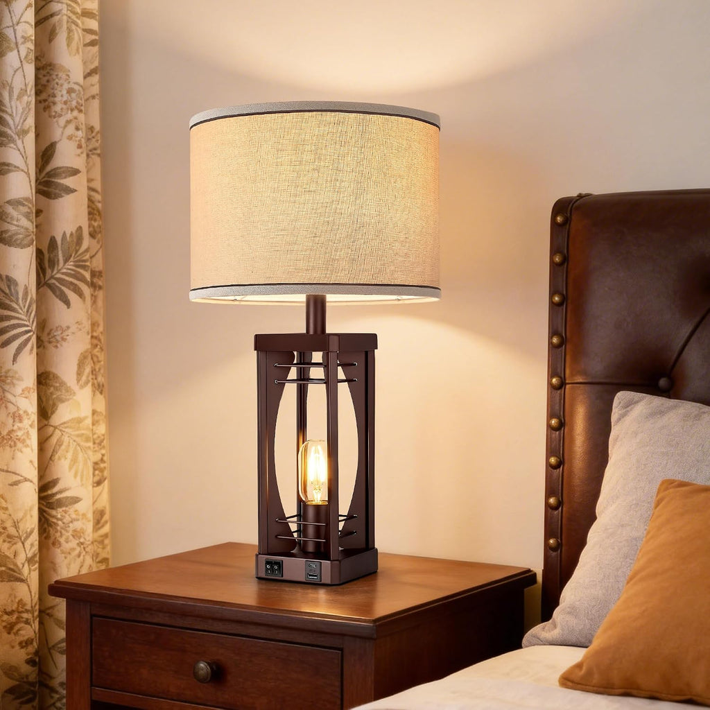 SRJJA Farmhouse Table Lamps Set of 2 for Living Room, Rustic Bedside Nightstand Lamps with USB A+C Charging Ports, 22.5" Dual Light…