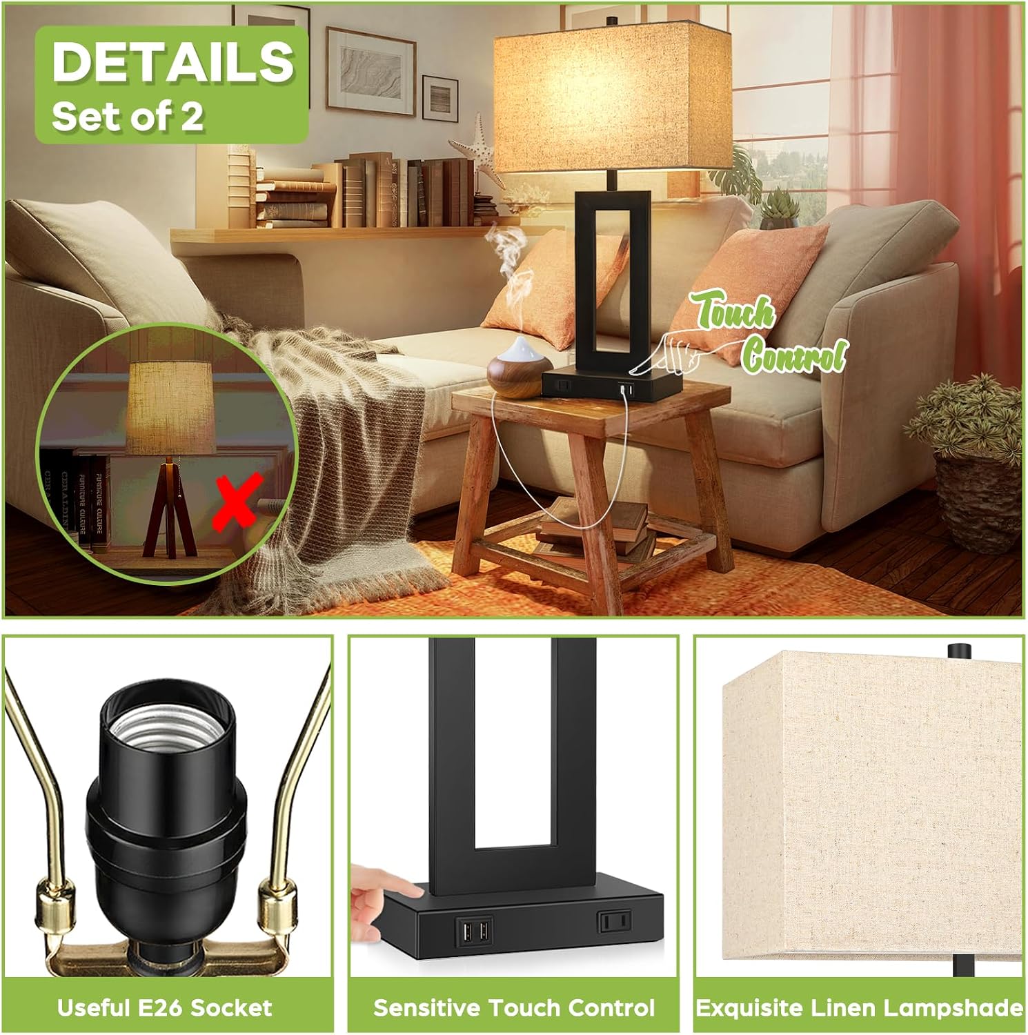 Tobusa 28’’ Tall Lamps for Living Rooms Set of 2, Modern Black Touch Control Table Lamps for Bedroom, 3 Way Dimmable Bedside Lamps with 2 U…