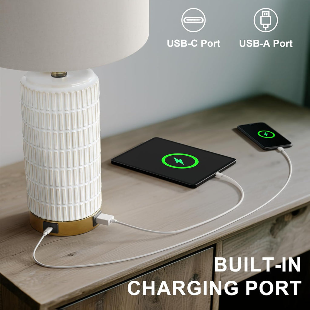 PoKat Small Bedside Table Lamps with USB Ports for Bedroom, 21.5'' White Nightstand Lamps for Night Stands, Modern Ceramic Bedroom Lamps…