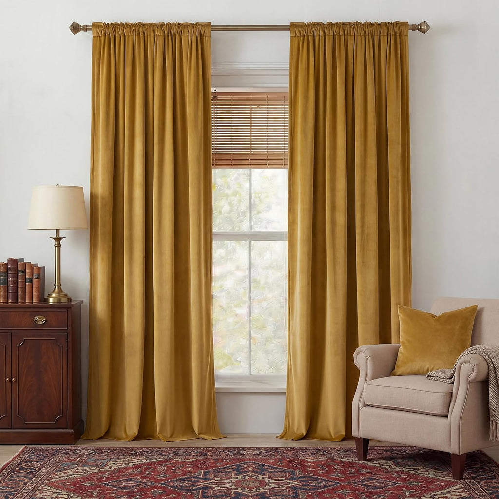 Nicetown Mustard Yellow Velvet Curtains 84 inches Long, Rod Pocket & Back Tab Blackout Window Treatments Thermal Insulated Drapes for Bedro…