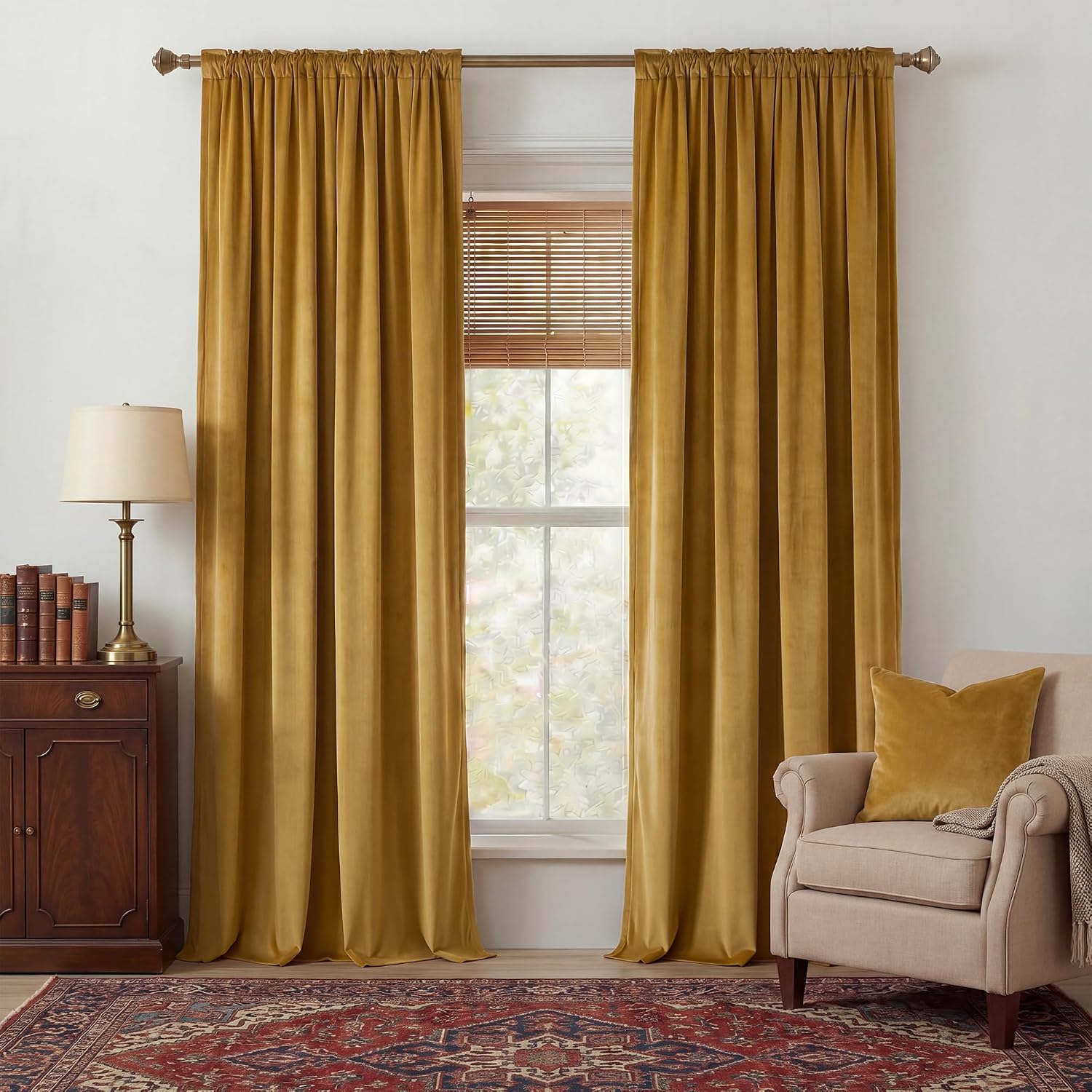 Nicetown Mustard Yellow Velvet Curtains 84 inches Long, Rod Pocket & Back Tab Blackout Window Treatments Thermal Insulated Drapes for Bedro…