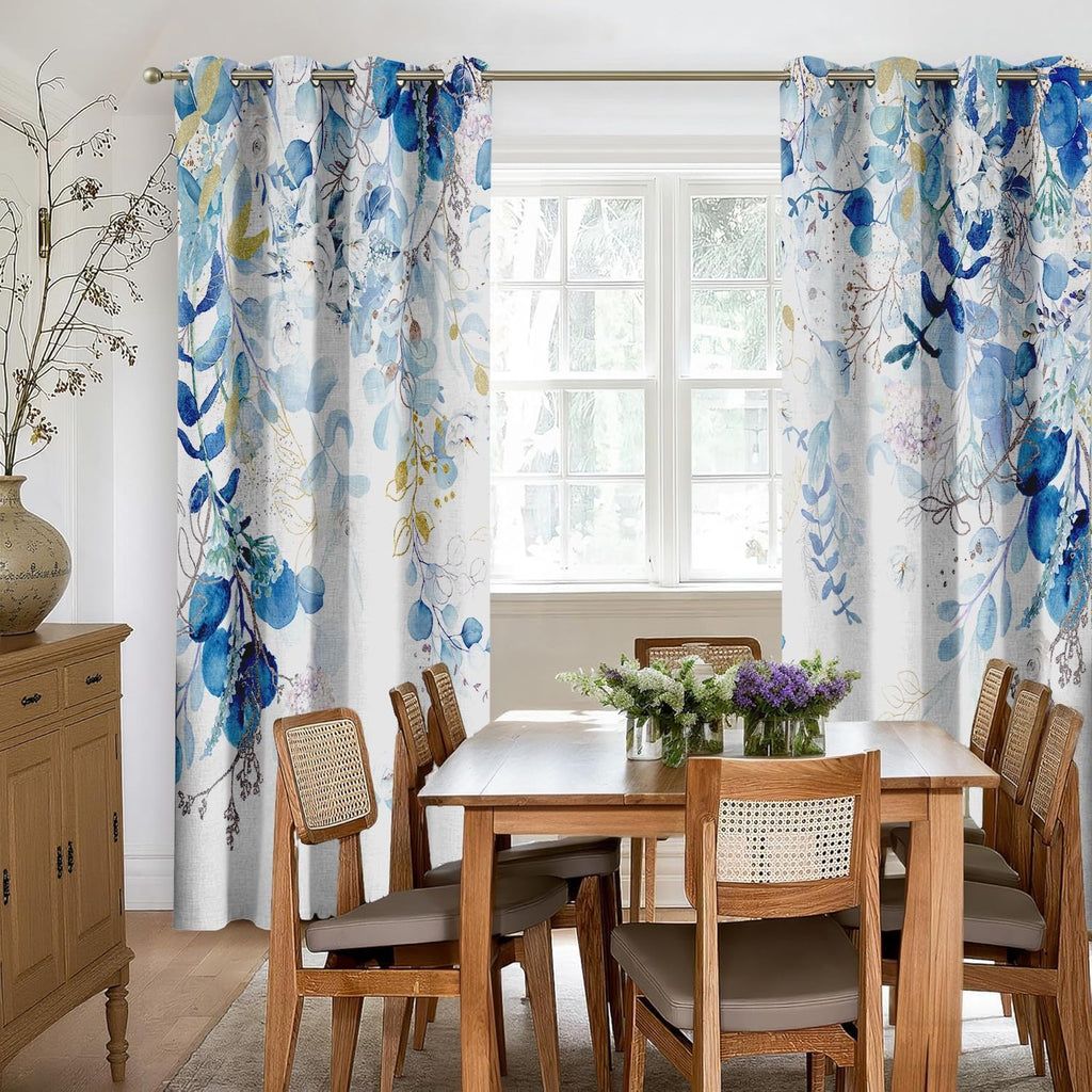 GOLDLAWN Blue and White Blackout Linen Textured Curtains for Bedroom Blue Floral Summer Thermal Insulated Grommet Room Darkening Cur…