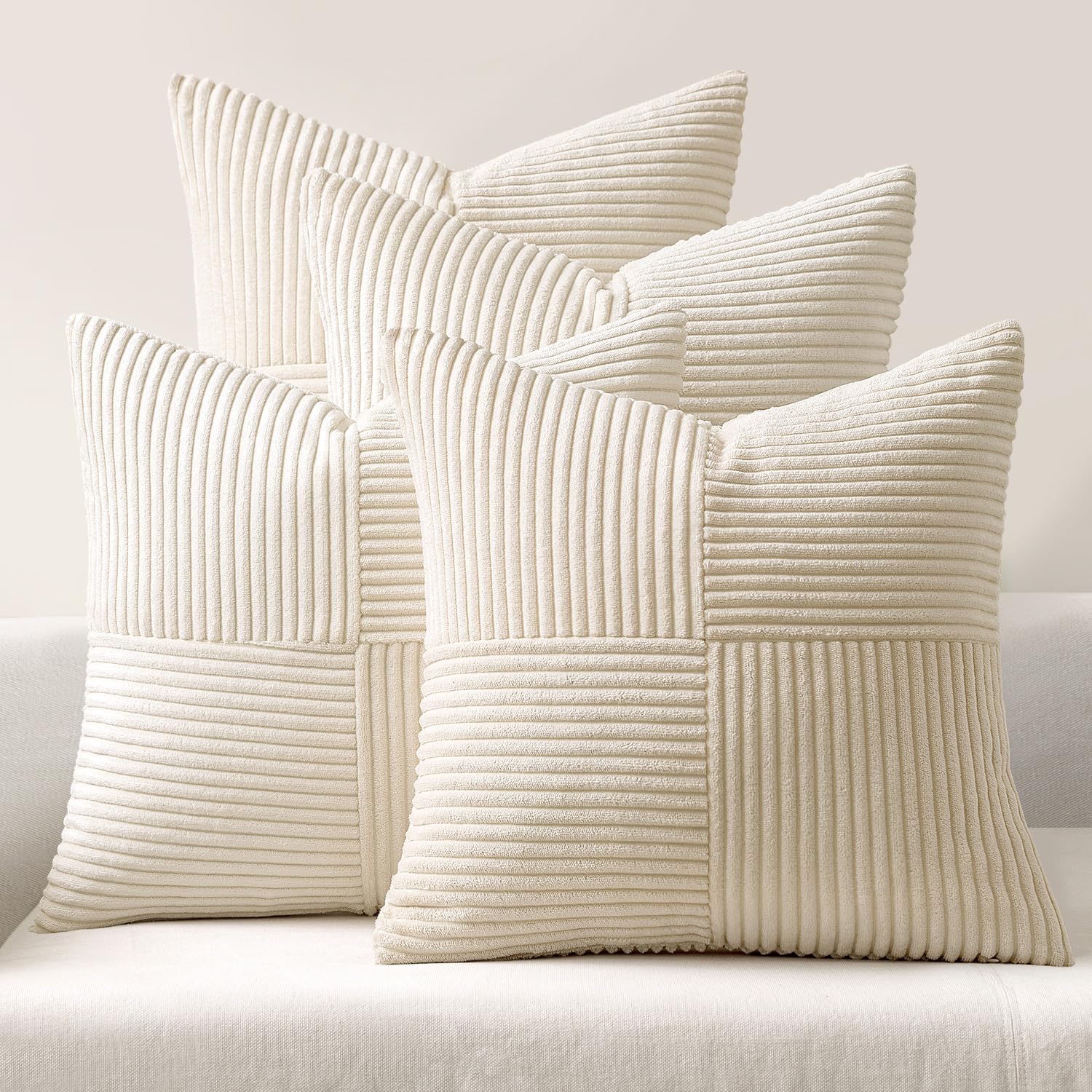 Miulee Beige Throw Pillow Covers 16x16 Inch Set of 4 Boho Patchwork Cushion Cases Modern Farmhouse Pillow Cases with Invisible Zipper Cordu…