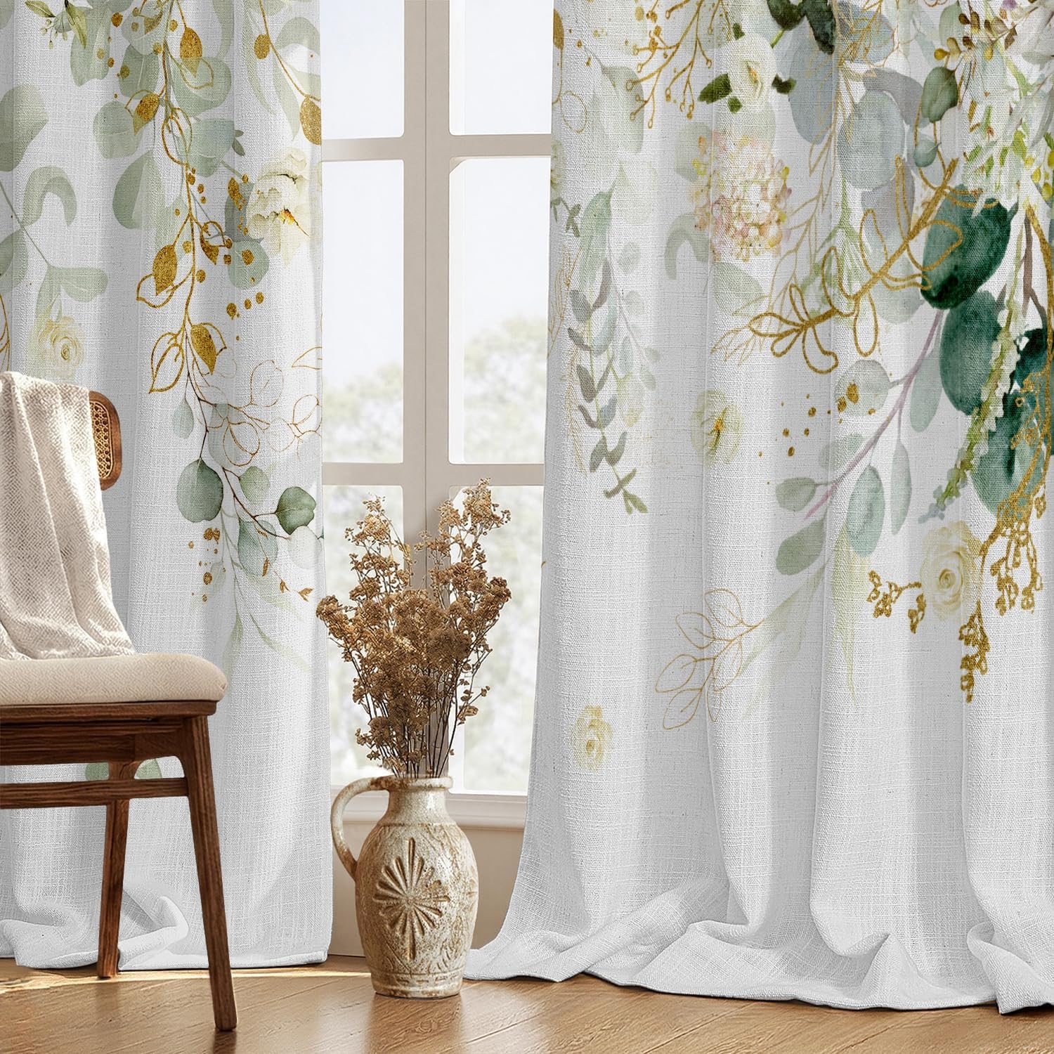 Eucalyptus Green Curtains 84 inch Long 2 Panels 100% Blackout Curtains Spring Botanical Floral Pattern Grommet Thermal Insulated Linen…