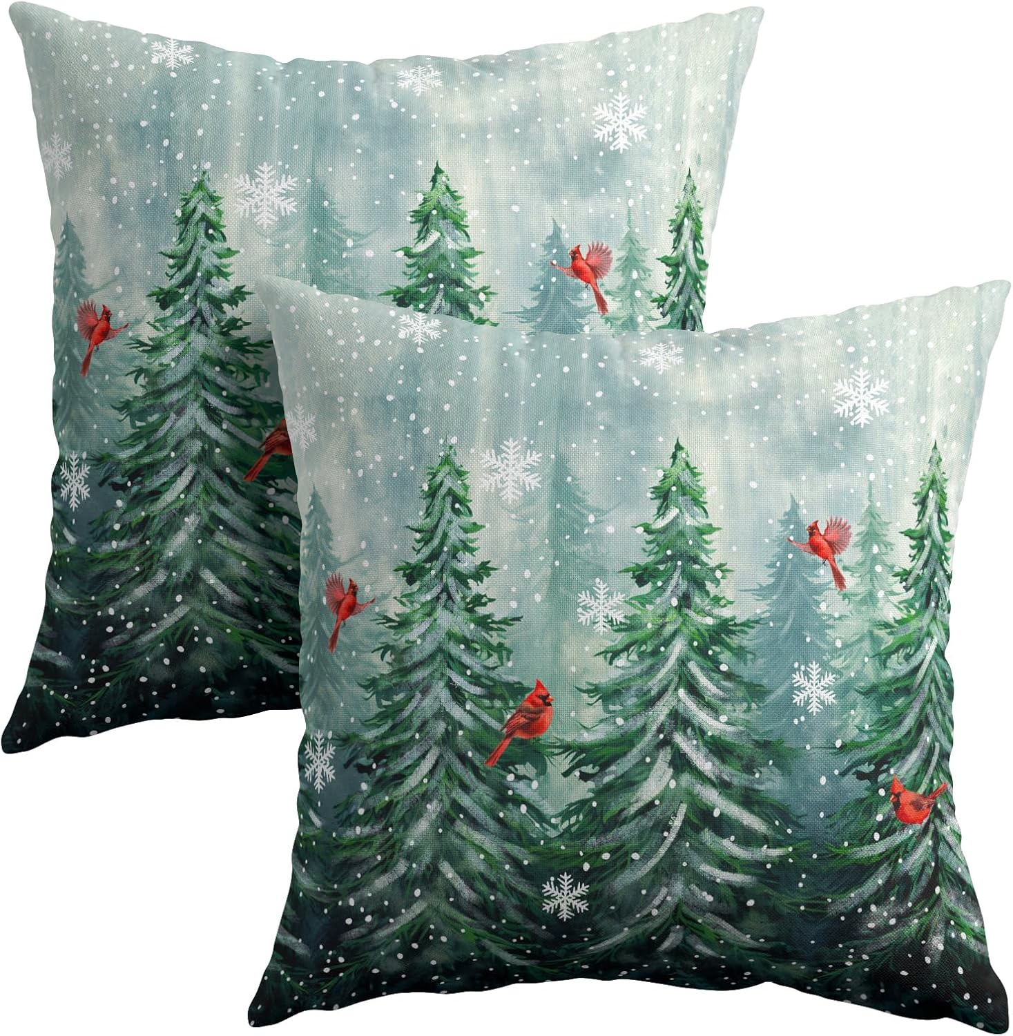 Watercolor Tree Throw Pillow Cover 24x24 inch Set of 2 Christmas Dark Green Trees Pillowcases Winter Red Bird Snowflake Decorative…