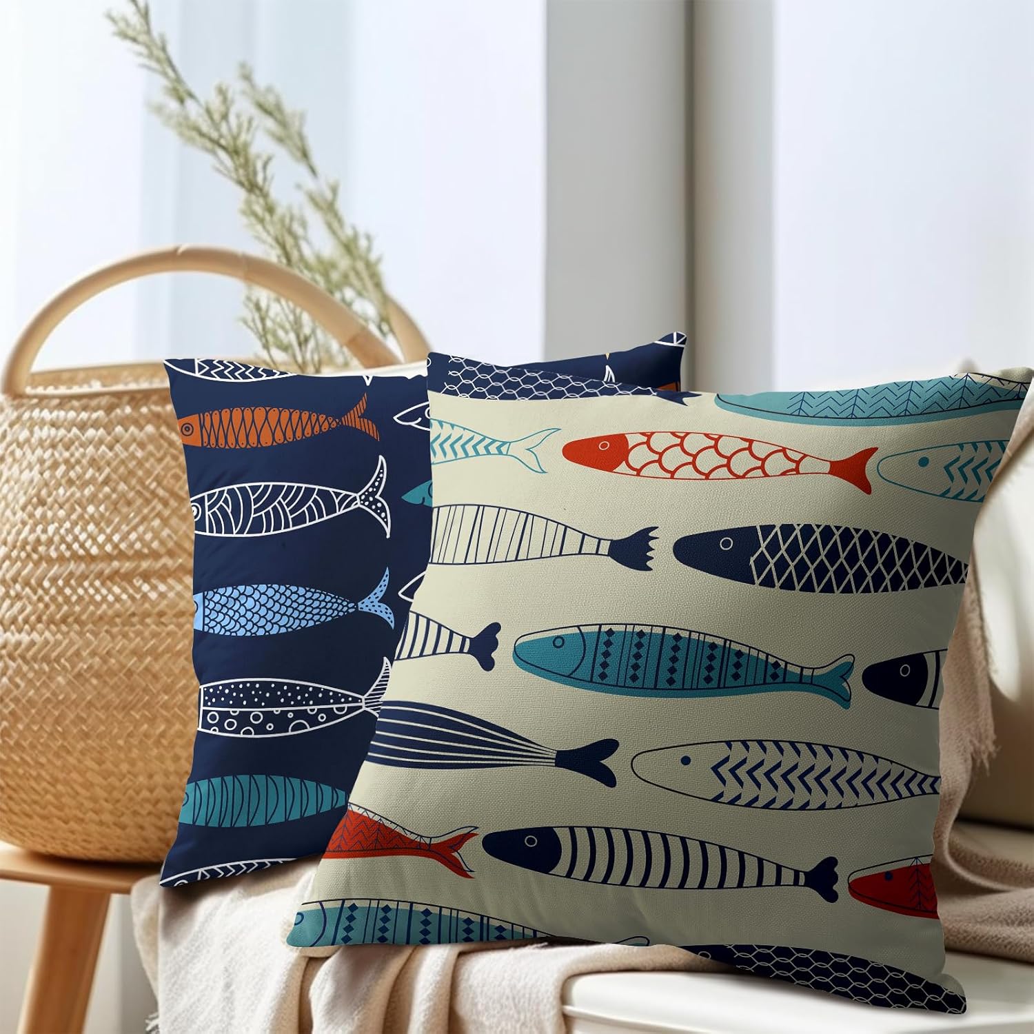Fish Throw Pillow Covers Decorative Cotton Linen Pillowcases 22x22 inch Colorful Fish Pillow Case Set of 2 Nautical Theme Square Cushion…