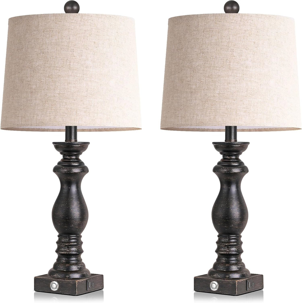 24.5" Table Lamp Set of 2, Rustic Farmhouse Bedside Lamps with USB A+C Charging Ports, 3-Way Dimmable Touch Control Nightstand Lamps for…