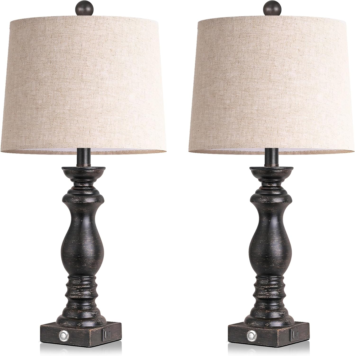 24.5" Table Lamp Set of 2, Rustic Farmhouse Bedside Lamps with USB A+C Charging Ports, 3-Way Dimmable Touch Control Nightstand Lamps for…