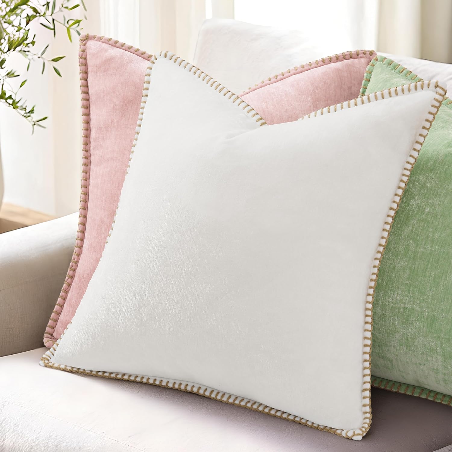 decorUhome Summer Chenille Soft Cozy Throw Pillow Covers 24x24 Set of 2, Modern Farmhouse Boho Velvet Decorative Euro Sham Pillow Cases wit…