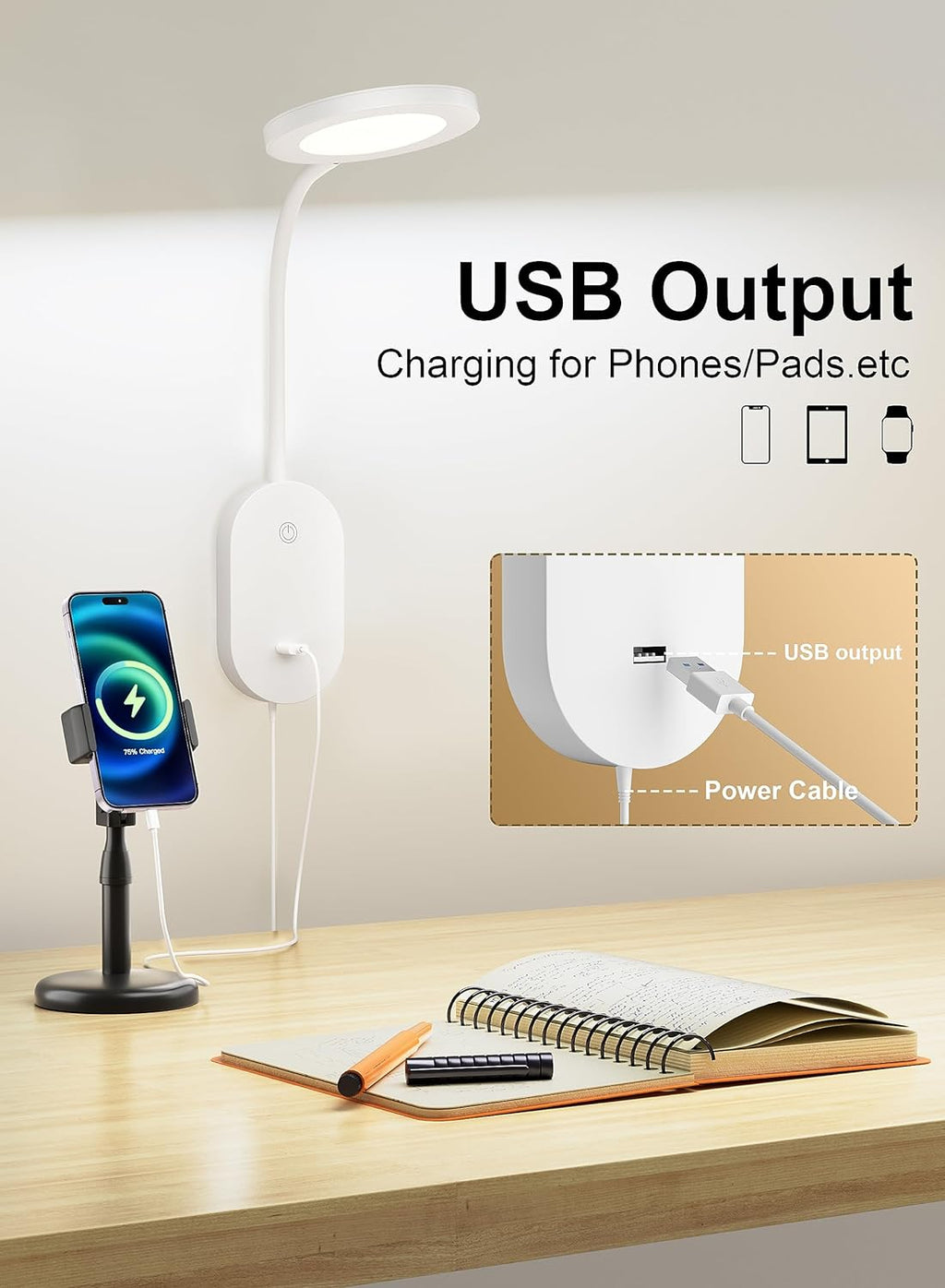 deeloop Wall Mounted Reading Light, Book Lights with USB Output, Reading Lamps for Bed Headboard in 4 Hours Auto-Off, Touch Control Wall…