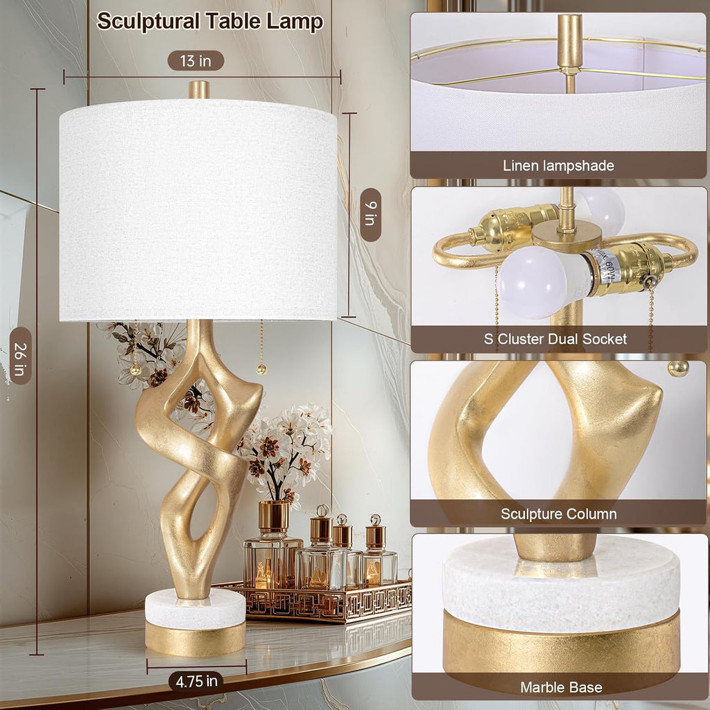 Scenekoy Sculptural Table Lamp Set of 2 with USB Ports for Bedroom Living Room, 26” Gold Leaf Marble Base Bedside Lamps, Pull Chains…