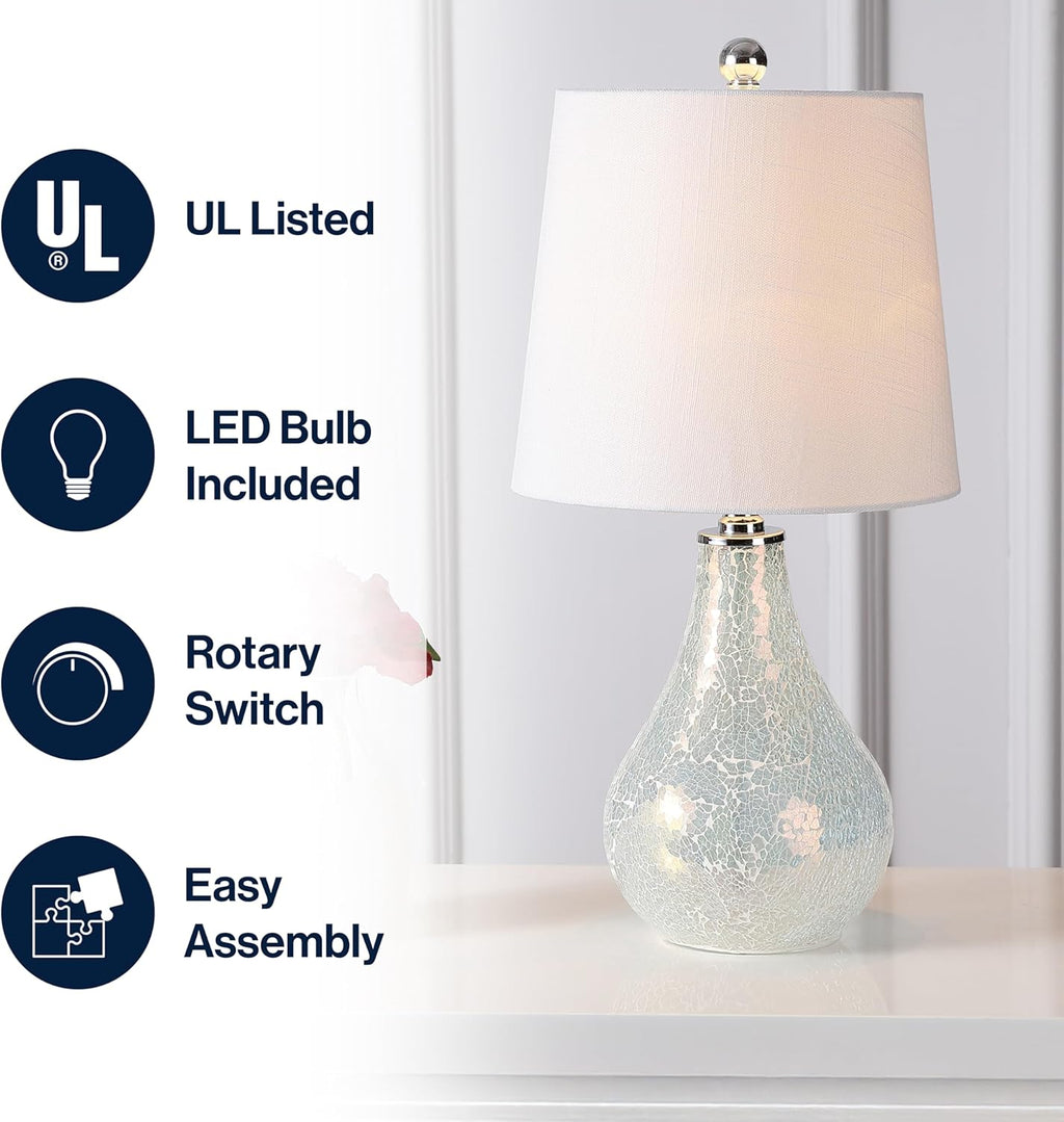 JONATHAN Y 20.5" Mosaic White Coastal Mini LED Table Lamp for Living Room Office, White Linen Drum Shade, Modern Mother of Pearl Bedside…