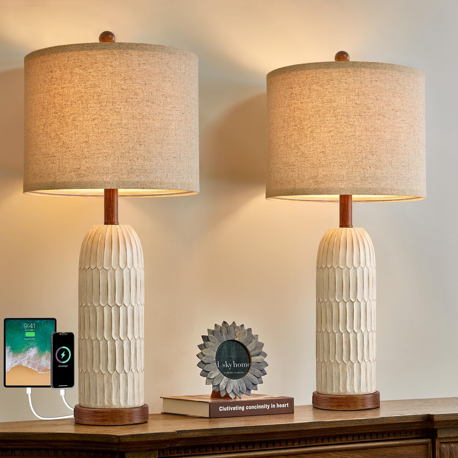 OYEARS 26.5" Bedside Table Lamps Set of 2, Farmhouse Table Lamp with USB A+C Charging Ports, Vintage Nightstand Lamp for Bedrooms and…