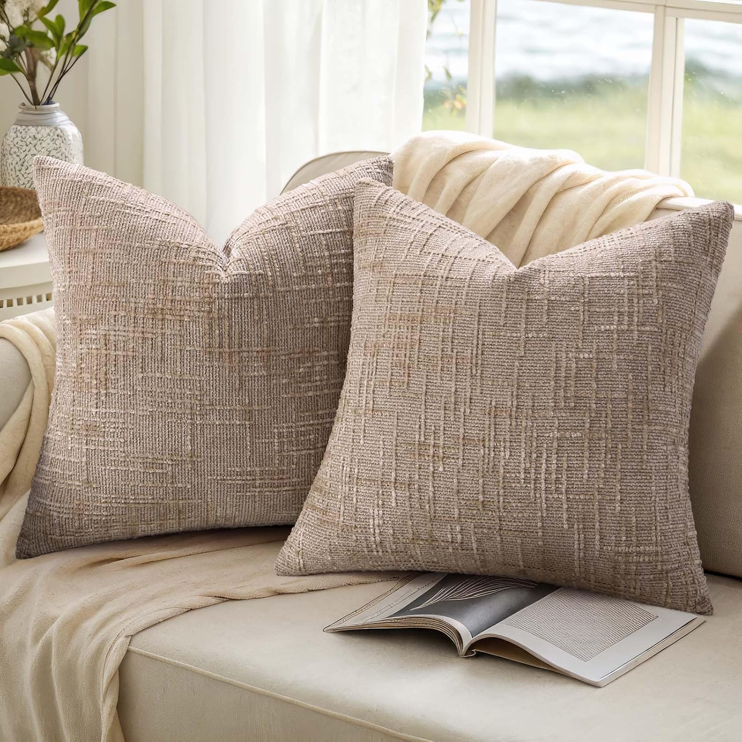 decorUhome Oatmeal Chenille Throw Pillow Covers 20x20 Set of 2 Textured Soft Cozy Slubby Couch Pillow Covers Modern Farmhouse Boho Decorati…
