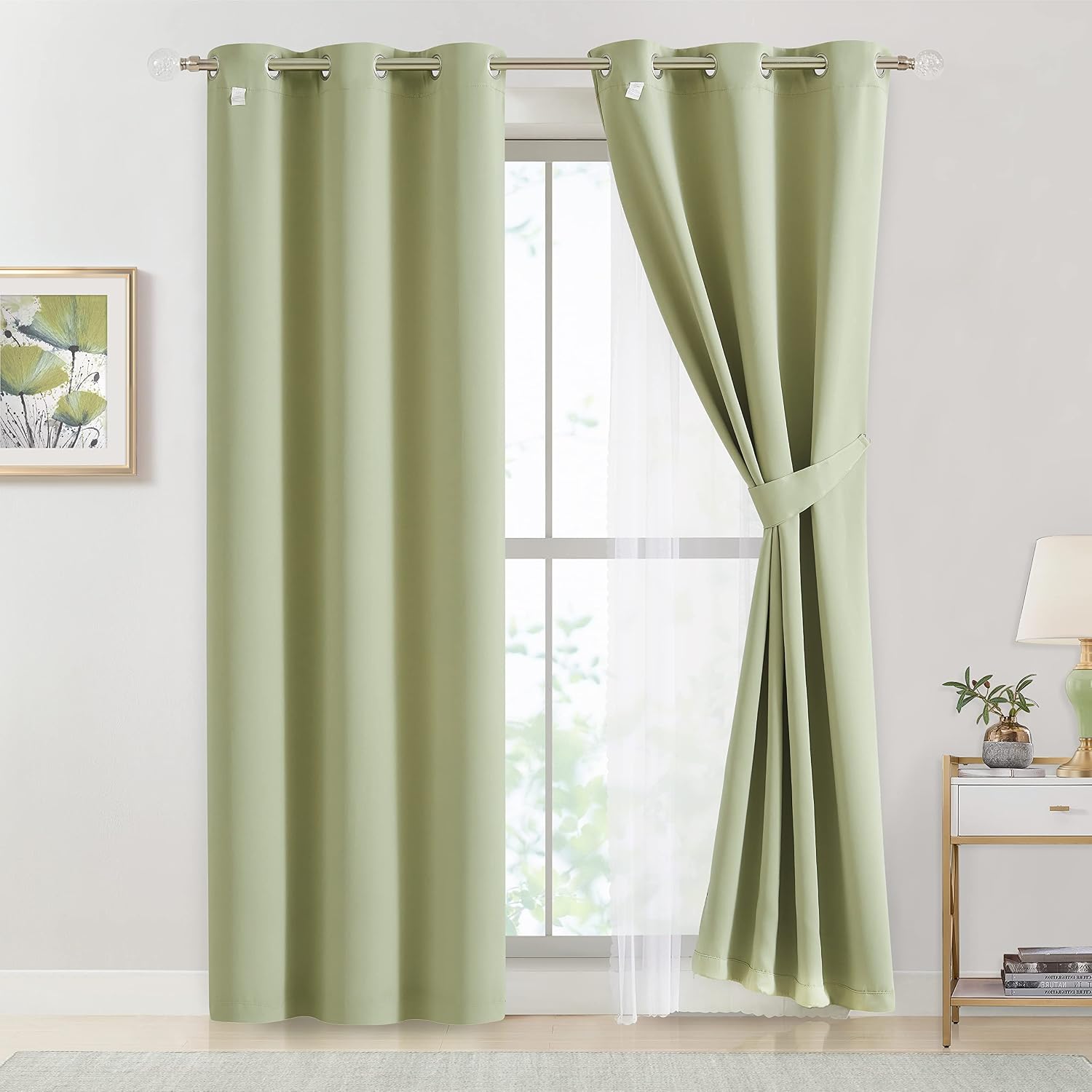 Bujasso Sage Green 90% Blackout Curtains with Sheer Overlay Mix and Match Double Layer Thermal Insulated Window Panels 84 inch Living Room…