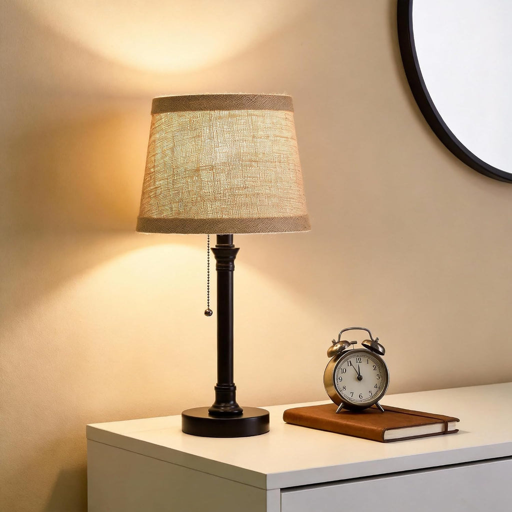Oneach 19.5" Black Table Lamp Set of 2, Small Bedside Table Lamps with Unique Natural Shade, Pull Chain Switch, USB A+C Charging Ports…
