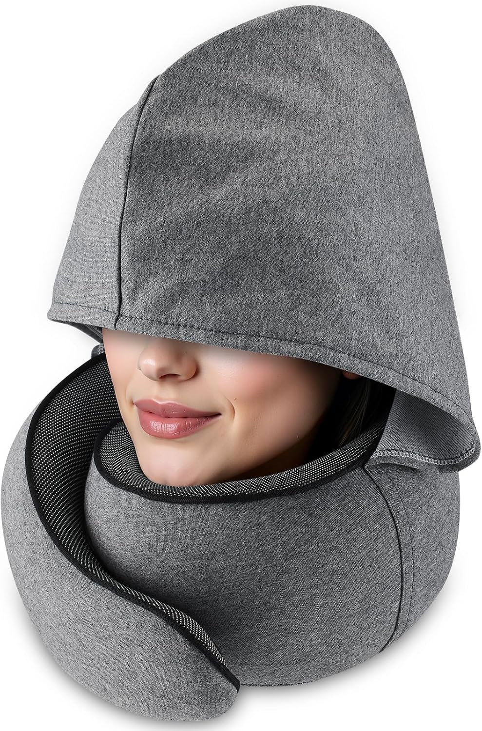 Travel Pillow with Hood (Dark Gray) - for Airplane Travel and Car Ride Nap, Foldable Hood, Slow-Rebound Memory Foam, 360 Ergonomic…