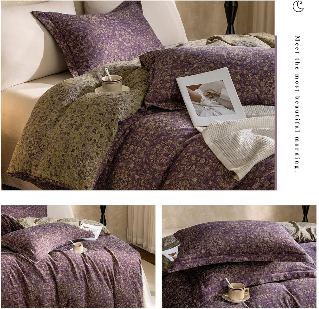 mixinni Purple Green Floral Duvet Cover King Size, Elegant Double-Layer Yarn Cotton Vintage Duvet Cover Set, Exquisite Jacquard Design Bedd…