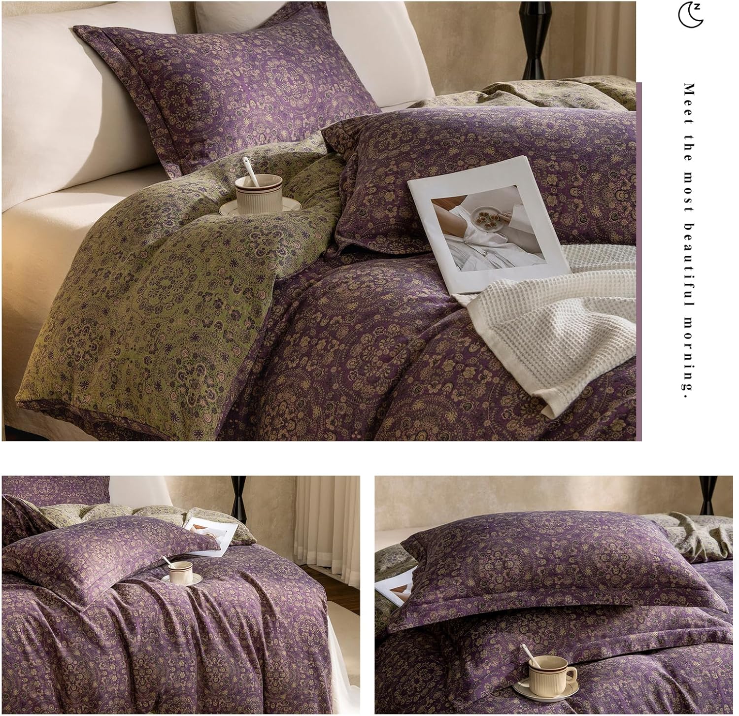 mixinni Purple Green Floral Duvet Cover King Size, Elegant Double-Layer Yarn Cotton Vintage Duvet Cover Set, Exquisite Jacquard Design Bedd…