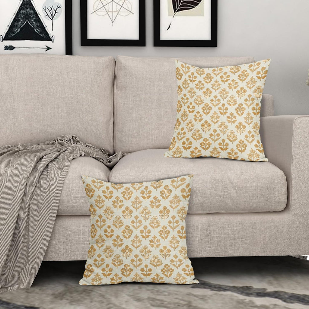 Mustard Yellow Floral Pillow Covers 20x20 Inch Set of 2, Vintage Flower Block Print Pattern Decorative Throw Pillowcases Outdoor…