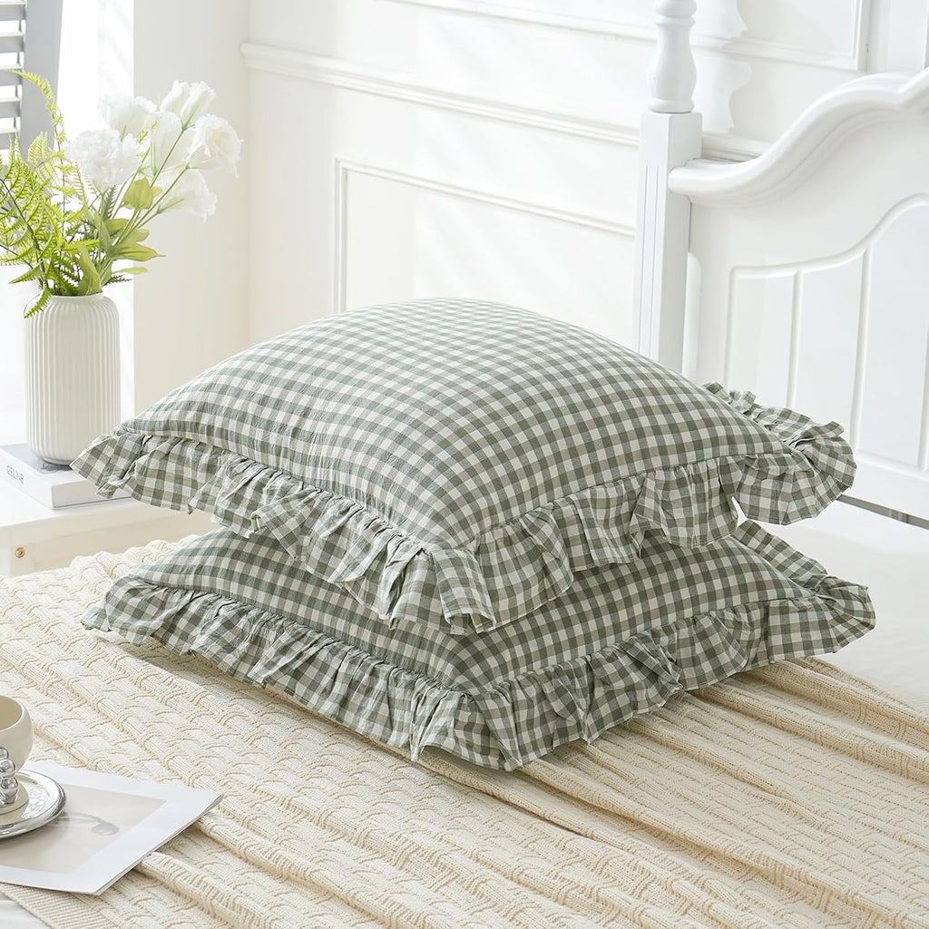 Qilunn 2 Pack Sage Green White Plaid Ruffle Euro Shams Pillow Covers 26x26 inches, 100% Cotton Gingham Checkered Farmhouse Pillowcases for…