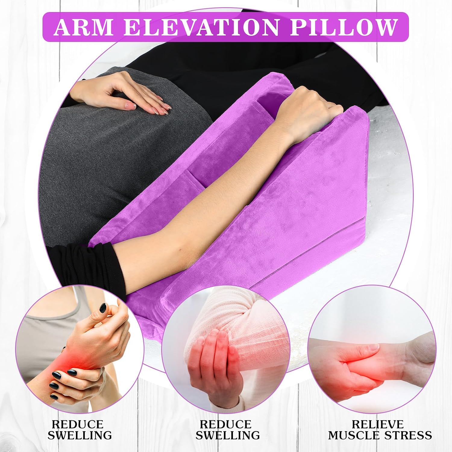 Buryeah Violet Arm Elevation Pillow with 2 Pockets, Soft Ergonomic Support Pillow for Elbow Rest Wedge Broken Arm Elbow Gifts with High Den…