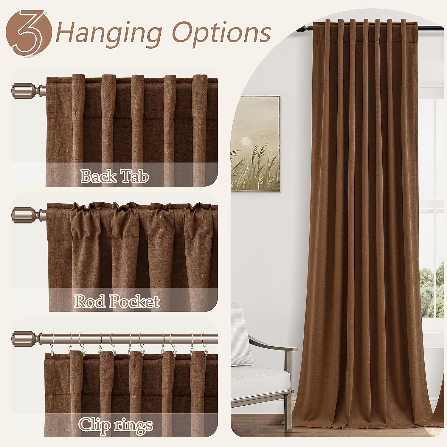Guken Caramel Brown 100% Blackout Linen Curtains 120 Inch Length 2 Panels Set for Living Room Bedroom Back Tab/Rod Pocket Thermal Insulated…