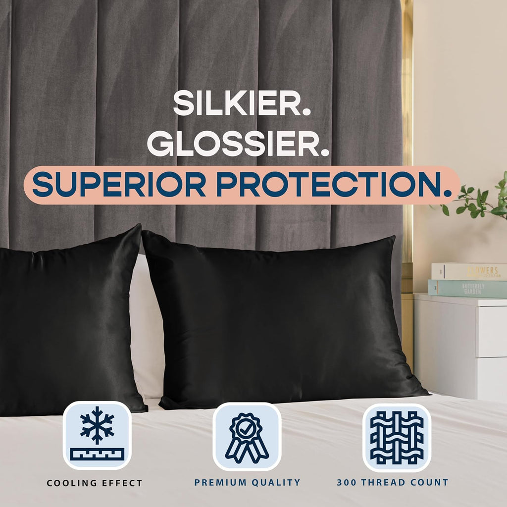 Blissford Black Satin Pillowcase with Zipper for Hair and fabric comfort, Feels Soft and Cool Like a Silk Pillowcase, Satin Pillow Cases…