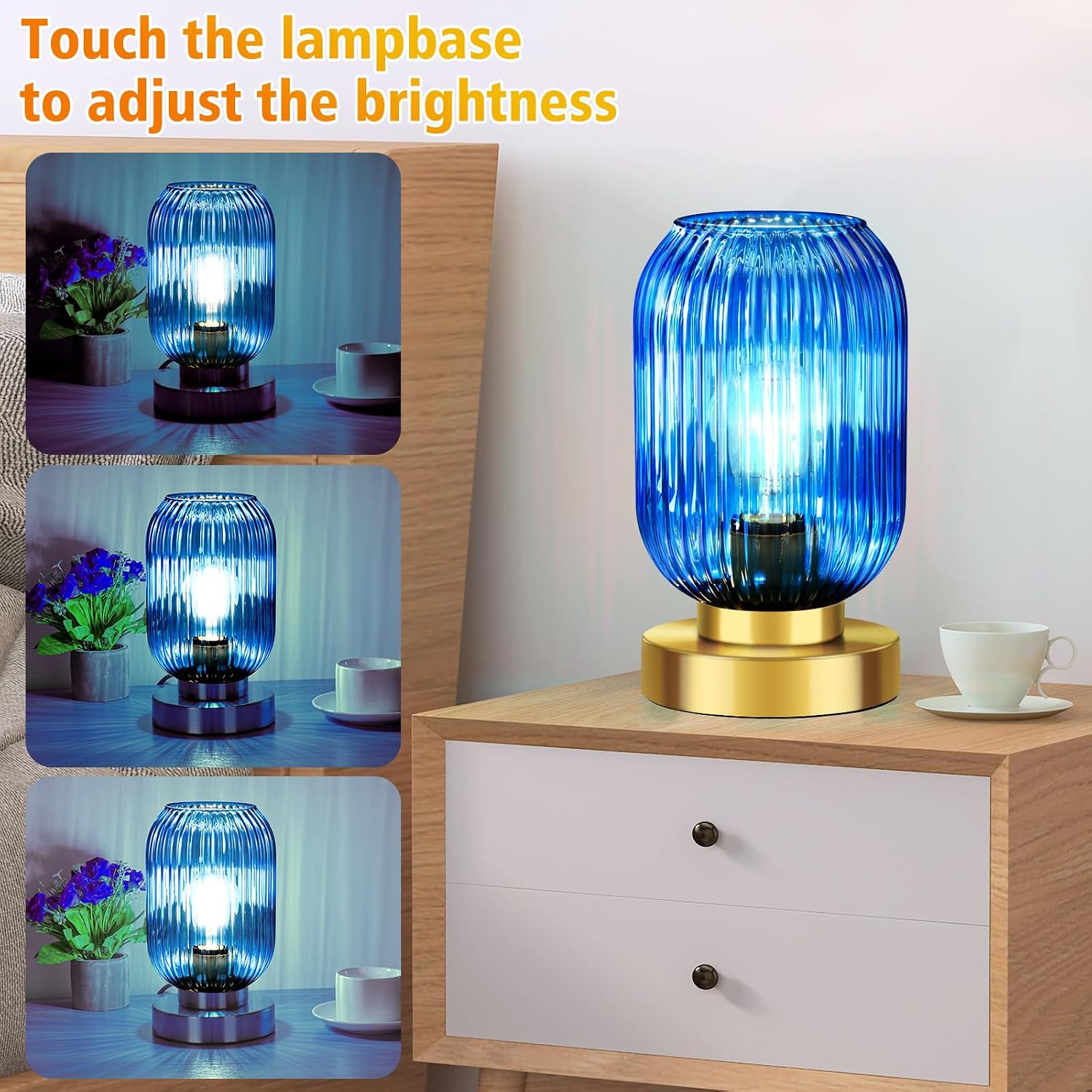 Mid Century Modern Table Lamp with Blue Ribbed Glass Shade, Touch Control & 3 Way Dimmable, Small Gold, Vintage Bedside Lamp for Bedroom…