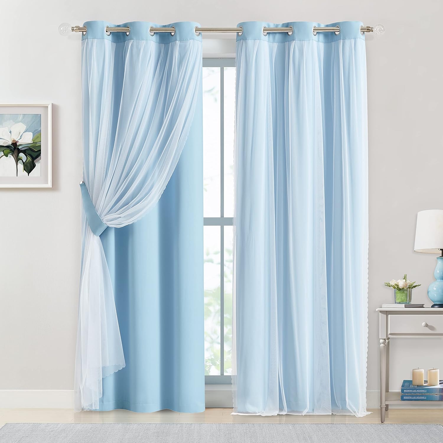 Bujasso Sky Blue 80% Blackout Curtains with Sheer Overlay Mix and Match Double Layer Thermal Insulated Window Panels 84 inch for Living Roo…